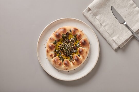 Manakish Zaatar on white plate, topped with olive oil, herbs, golden-brown crust. Concept of showcasing flatbread with thyme sesame olive oil in a high-angle view.