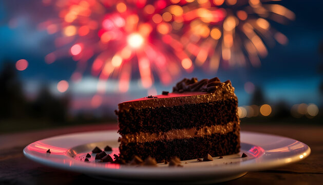 Fireworks exploding in the distant background of a close-up of a decadent cake slice