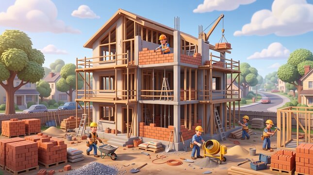 3d cartoon cartoon construction site with cheerful workers building a new house, featuring building materials, tools, and a crane in a sunny suburban neighborhood