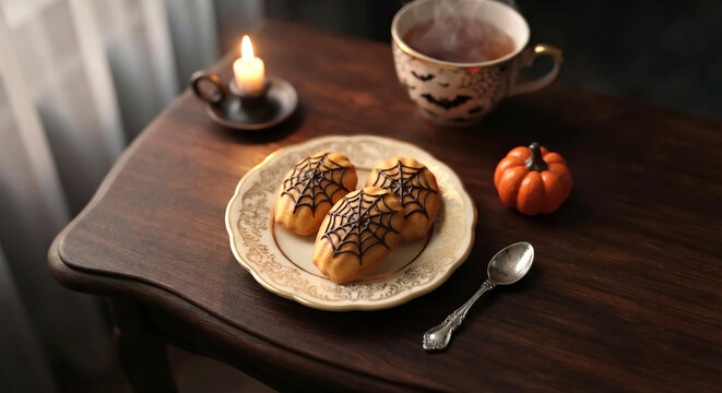 Halloween madeleines decorated with chocolate spiderweb icing on a vintage plate with a teacup and candle on a wooden table.