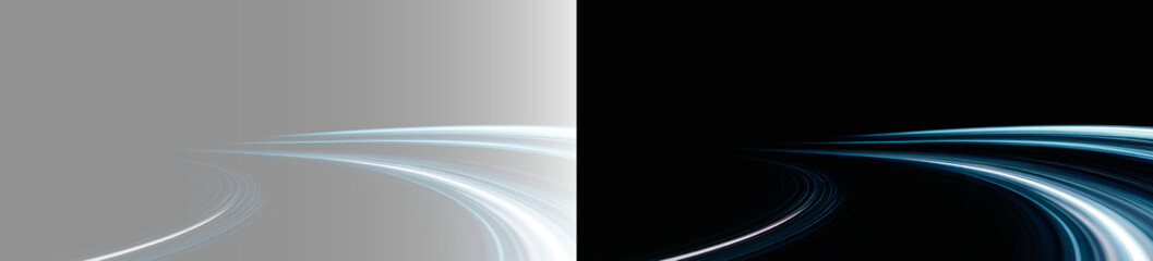 Abstract glowing silver orbital arc on transparent black background, futuristic light trace overlay. Minimalist dark steel blue horizon backdrop, modern space science presentation slide design PNG © Aura Canvas
