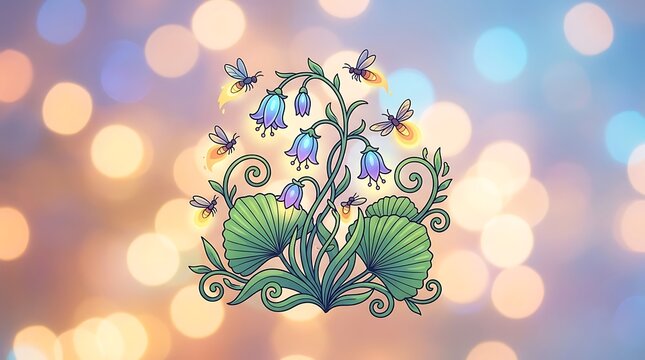 Whimsical blue bell flowers and glowing fireflies on bokeh background