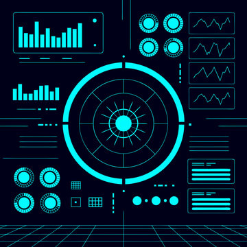 Futuristic digital control panel with circular radar scanner and data monitoring charts on dark background