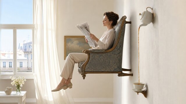 Surreal high-key photo of a woman sitting on a chair mounted sideways on a wall in a bright room. Mind-bending gravity remix for modern interior campaigns.