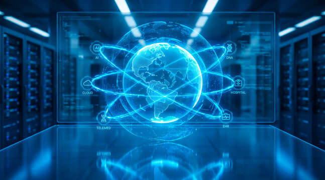 Global data server room with rotating holographic digital globe interface hologram technology communication internet security connection infrastructure information computing database