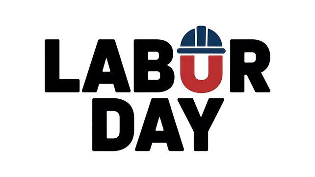 Happy labor day typographic design with a construction hard hat icon on a white background