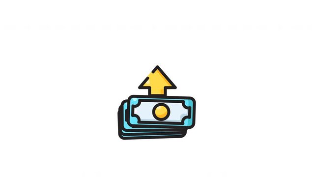 Stack blue paper money banknotes with yellow arrow icon symbolizing financial wealth growth and profit. Suitable for finance and investment concepts.