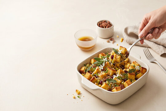Traditional cornbread stuffing baking dish with cranberries, pecans, sage, spoon, and hand serving stuffing