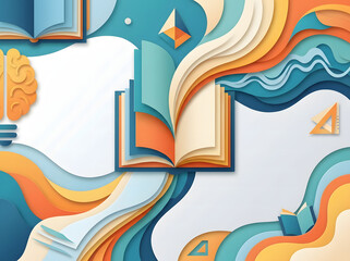 Obraz premium Abstract paper cut illustration of open book with flowing colorful waves and creative brain symbol representing knowledge and imagination art.