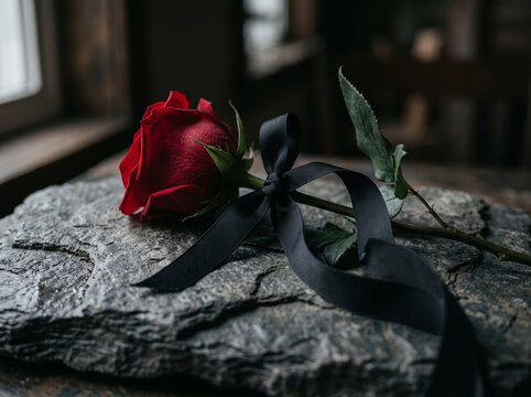 Red rose flower tied with black mourning ribbon on dark stone