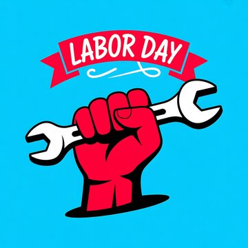 Labor day illustration featuring a red fist holding a metal wrench on a bright blue background