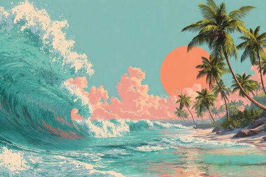A sunny tropical paradise with palm trees and ocean waves. 