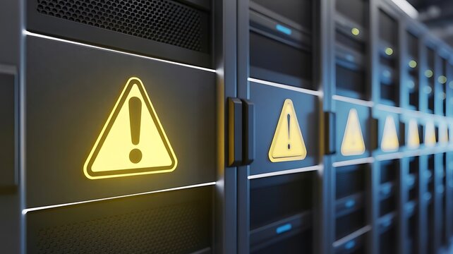 Server rack cabinet in a data center with a glowing yellow warning triangle displayed on the front panel, indicating a system hardware error