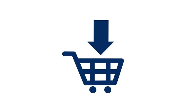 Icon shopping cart animated, online shop in flat design.Minimalist white line art shopping cart icon animation on black.e-commerce, online store apps, and business.4k video.