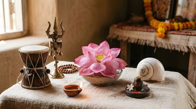 A traditional hindu prayer altar featuring a pink lotus flower a brass trident and a conch shell