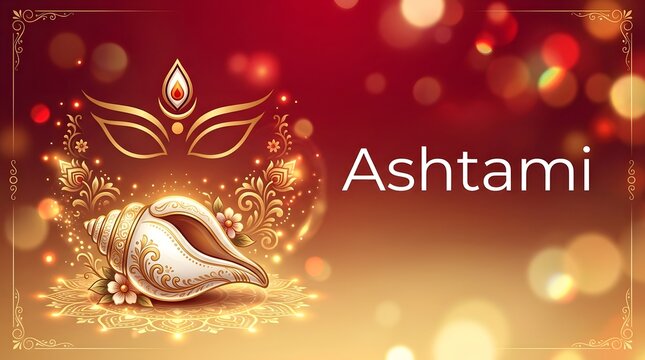 Festive durga ashtami background with traditional conch shell and goddess face illustration on a glowing red backdrop