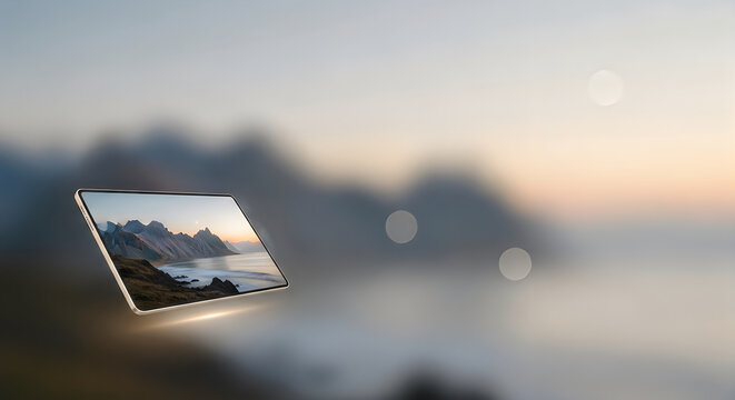 A beautiful landscape photograph displayed on a tablet screen to celebrate the spirit of world photography day