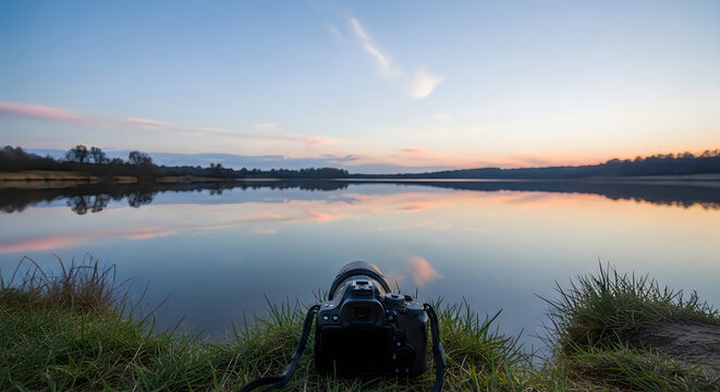 A professional camera resting by a calm lake during a beautiful sunset for world photography day celebration