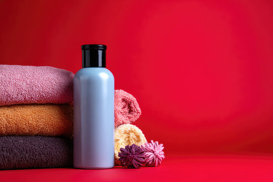 A cosmetic mock‑up of a shampoo bottle with towels on a colored table. Bathroom background, toiletries for hand and body care on a red background 