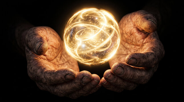 Aged hands gently holding glowing golden energy sphere symbolizing wisdom, creation, and the power of light in mystical spiritual concept of human connection Generative Ai.