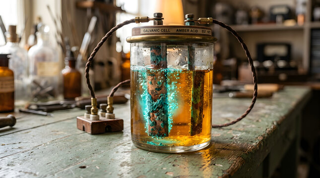Macro Glowing Teal Antique Galvanic Battery Cell with Copper Electrodes in Amber Acid Solution on Sage Bench