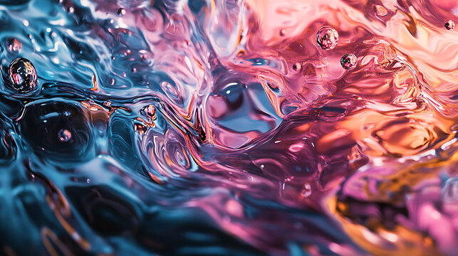 Abstract Glowing Liquid Water Ripples Background With Colorful Pink Blue Orange Light Reflections And Bubbles