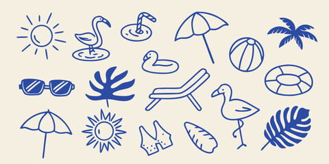Hand drawn blue line art summer pool and beach elements on a cream colored background icons poolside flamingo tropical bird umbrella parasol ball © Rina