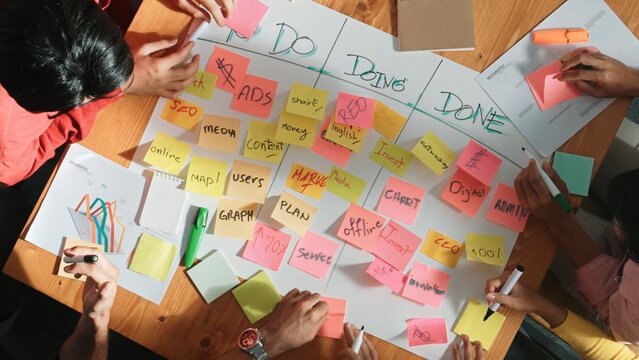 Top view of people writing and making scrum task board while writing marketing and planning strategy at colorful sticky notes. Smart team manage work performance by using kanaban board. Convocation.