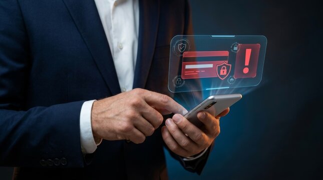 Businessman holding smartphone with a red credit card fraud alert and digital security hologram interface for financial protection and cybercrime prevention.