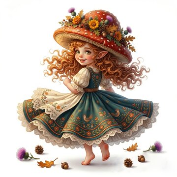 Little mushroom elf girl dancing with twirling dress isolated on white background