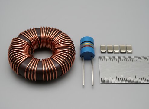 Electronic components including copper toroidal inductor and blue capacitor with surface mount chips next to metal ruler for scale