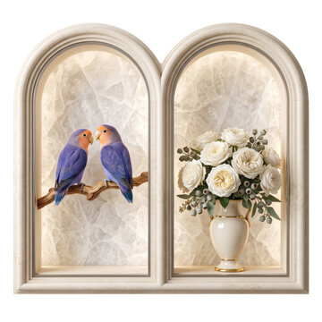 Two cute purple lovebirds on a branch next to a vase with white flowers in a double arched window isolated on transparent background