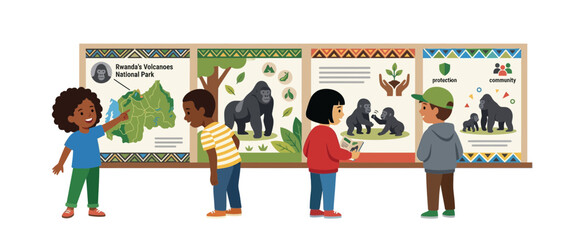 Diverse Children Learning About Gorillas in a Museum Educational Exhibit