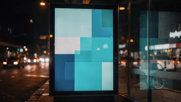 Nighttime digital marquee close medium shot displaying showtime details in sharp focus ambient street lights creating a gentle bokeh effect on the scene.