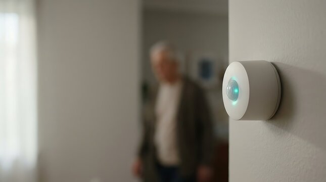 Smart home motion sensor mounted on a wall with person in background