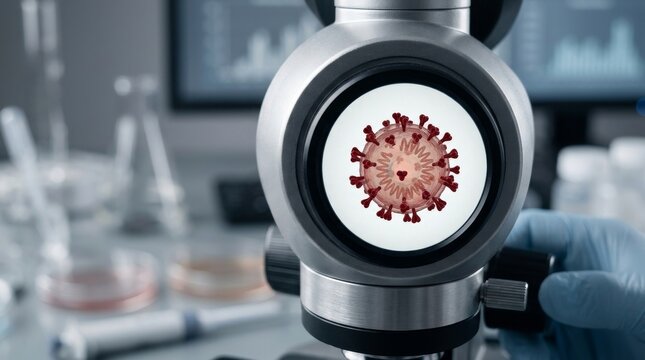 Measles Virus Observed Under Microscope in Modern Laboratory Research Setting