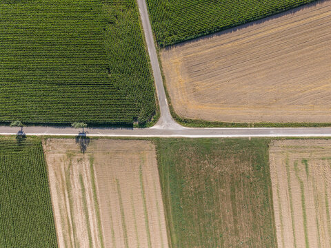 Aerial view of agricultural fields with crop rotation patterns, a rural road intersection, and diverse land use in Germany.