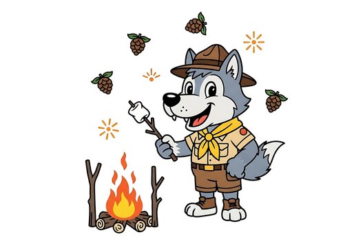 Cartoon Scout Wolf Roasting Marshmallow