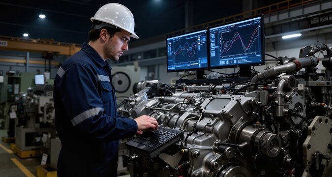 Systems engineer deeply focused on complex machinery and analysis in an industrial environment at night Generative AI

