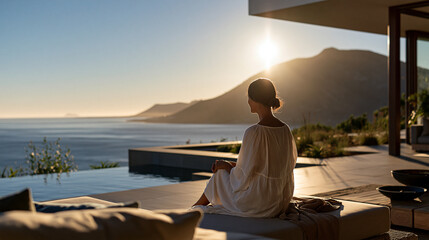 Fototapeta premium Woman seen from behind sitting on a modern luxury home patio overlooking a bright clean ocean view faceless rear view figure crisp sunny daylight luxury patio ocean view home