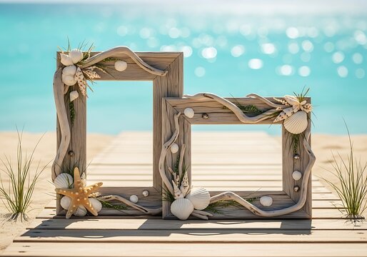 Driftwood frames on beach boardwalk