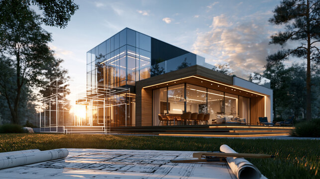 Design stages of a luxury villa shown through architectural blueprints and a clean bright rendering side by side crisp daylight presentation villa design stages architectural