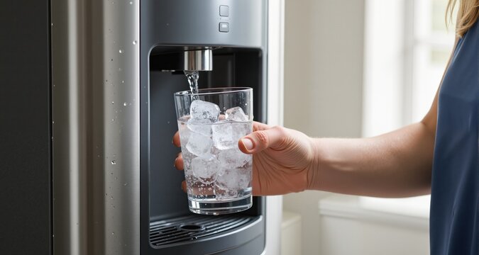 Hand fills glass with ice and fresh cold water from dispenser. Person gets drink from water cooler machine. Hydration and refreshment for health.
