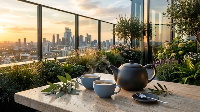 A dark grey teapot and two blue teacups are set on a marble table on a balcony overlooking a cityscape at sunset.