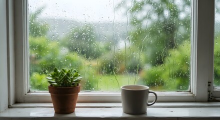 Obraz premium A potted plant and coffee mug sitting on a windowsill with light background