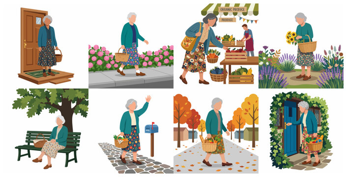 Vector character set of an active senior woman performing daily routines including shopping at a local market, gardening, walking in the park, and checking mail in a flat design style.
