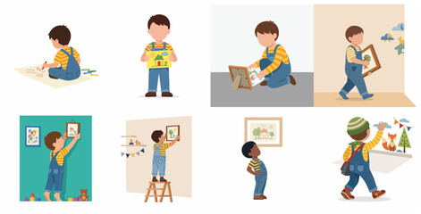 Set of cute little boy artist creating, framing and hanging his drawings on the wall. Flat vector illustration of children's creative process and art hobby.