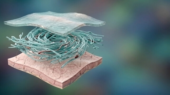 Layered anatomy model showing dermis and epidermis with connective tissue fibers, epidermis