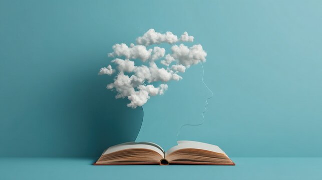 An open book with a cloud shaped like a human profile rising from its pages, symbolizing imagination and knowledge.