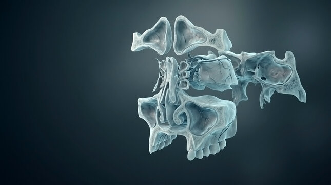 Anatomical 3D illustration of human paranasal sinuses and nasal cavity structure with skeleton